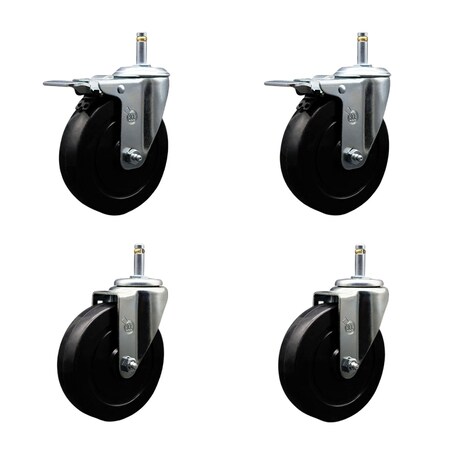 Service Caster 5'' Soft Rubber Wheel Swivel 7/16'' Stem Caster Set 2 Total Lock Brake, 4PK SCC-GRTTL20S514-SRS-716138-2-S-2